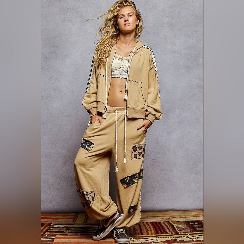 POL Tan Studs & Stripes French Terry Hoodie & Jogger Set